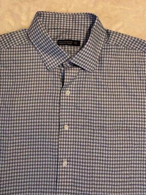 Rochester Egyptian Cotton Non Iron Shirt Men 18 34/35 Blue Geometric Dress Shirt